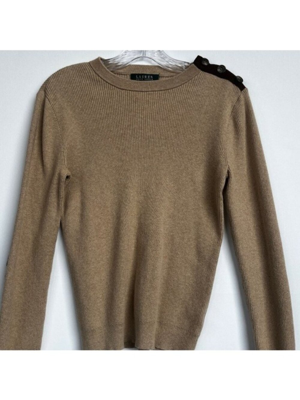 Lauren Ralph Lauren 100% Cotton Tan Sweater Suede Elbow Pads Size Medium